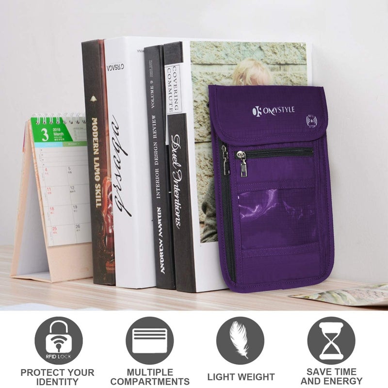 OMYSTYLE Neck Wallet, RFID Passport Holder for Travel, Adjustable Neck Strap, Waterproof Neck Pouch for Men & Women to Keep Cash, Credit Cards and Documents Safe, Purple (8x6) - Image 2